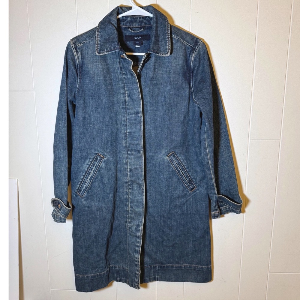 Vintage GAP Denim Trench Coat Womens XS Long Button Up Jean Fall Jacket 2002 Y2K - Picture 1 of 8